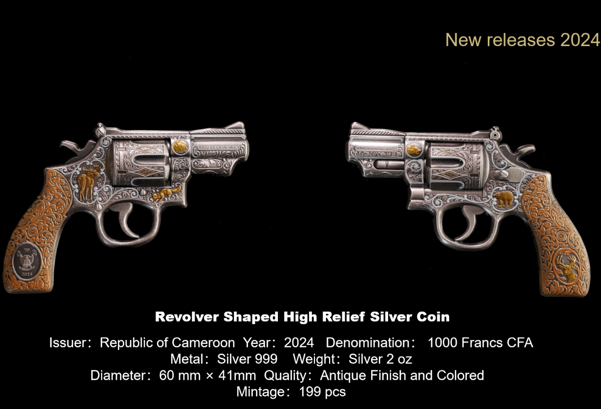 2024 Cameroon Revolver Gun 2 oz Silver Antiqued High Relief Shaped Coin - Limited Edition