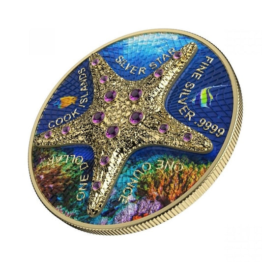 1 Oz Silver Coin 2021 Cook Islands $1 Sea Star Beach Blue Gold Star Crystals