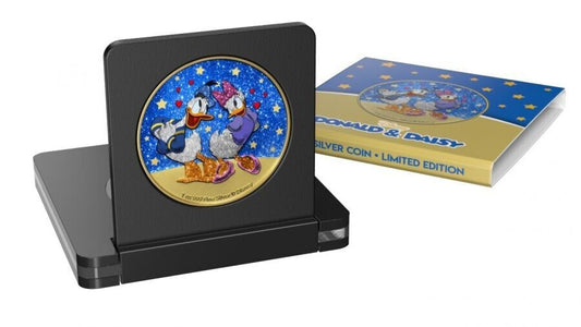 2021 $2 Niue Disney Donald and Daisy Duck in Love Blue Glitter 1 Oz Silver Coin