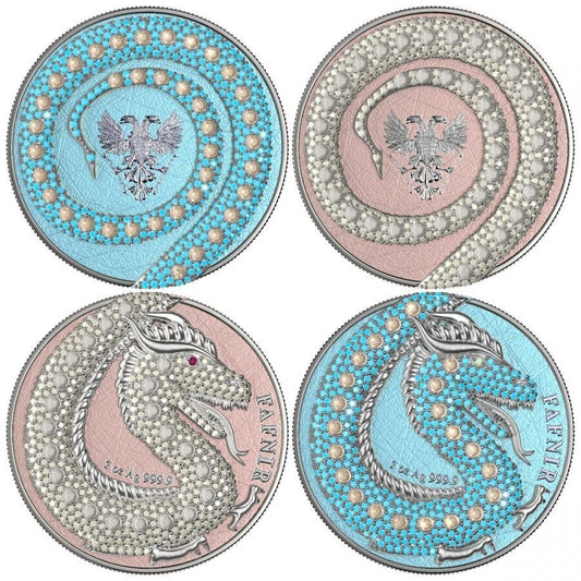 2 X 1 OZ SILVER COIN 2020 5 MARK FAFNIR SET - BLUE PINK NO 1 BIG DOTS CRYSTALS