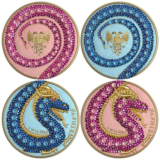2 X 1 OZ SILVER COIN 2020 5 MARK FAFNIR SET - BLUE PINK NO 3 BIG DOTS CRYSTALS