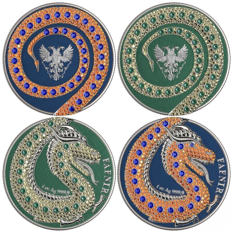 2 X 1 OZ SILVER COIN 2020 5 MARK FAFNIR SET - BLUE PINK NO 4 BIG DOTS CRYSTALS