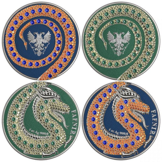 2 X 1 OZ SILVER COIN 2020 5 MARK FAFNIR SET - BLUE PINK NO 4 BIG DOTS CRYSTALS