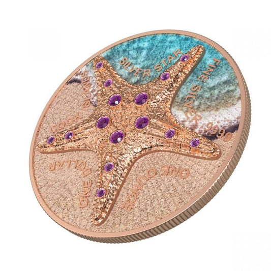 1 Oz Silver Coin 2021 Cook Islands $1 Sea Star Beach Pink Gold Star Crystals