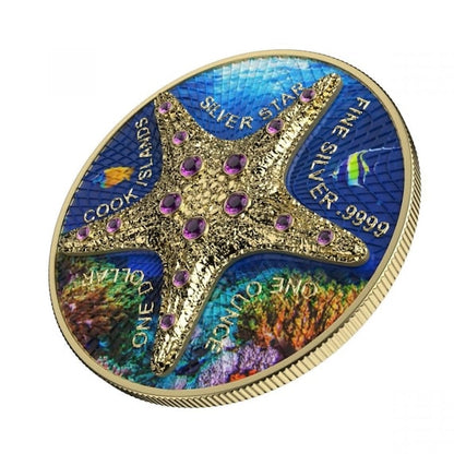 1 Oz Silver Coin 2021 Cook Islands $1 Sea Star Beach Blue Gold Star Crystals