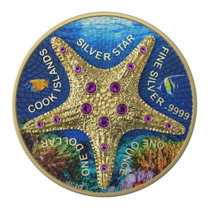 1 Oz Silver Coin 2021 Cook Islands $1 Sea Star Beach Blue Gold Star Crystals