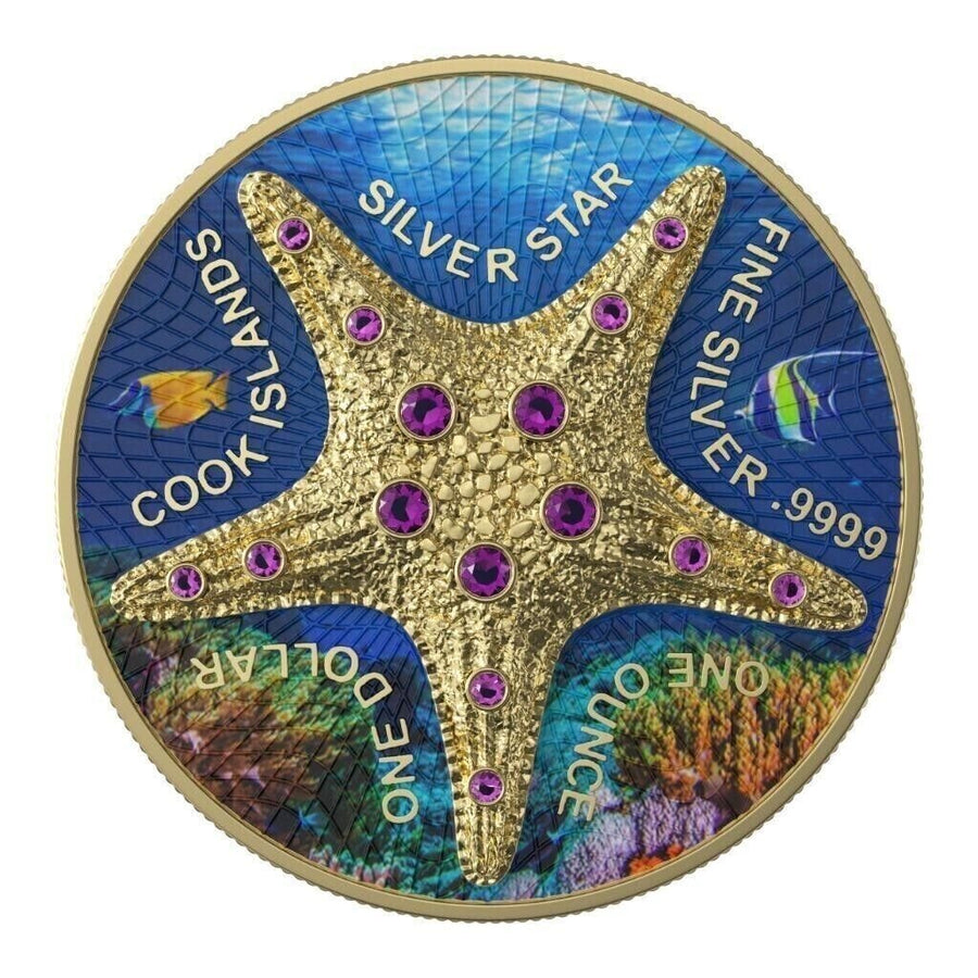 1 Oz Silver Coin 2021 Cook Islands $1 Sea Star Beach Blue Gold Star Crystals