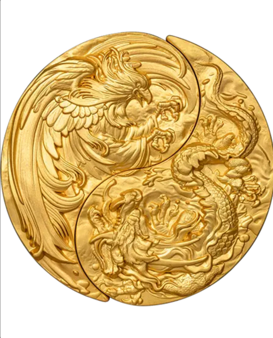 YIN YANG DRAGON & PHOENIX Gilded Set 2 x 1 Oz Silver Coin 5000 Francs Chad 2023