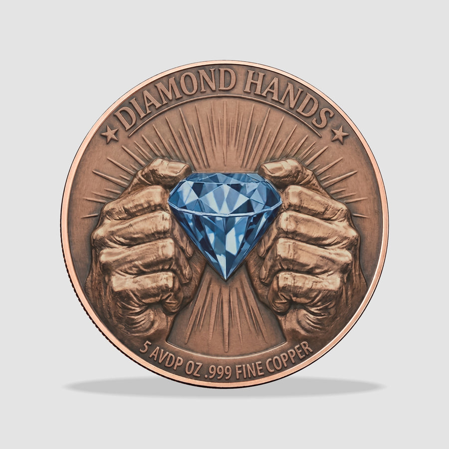 Diamond Hands 5 oz Copper Round – fists gripping a blue diamond