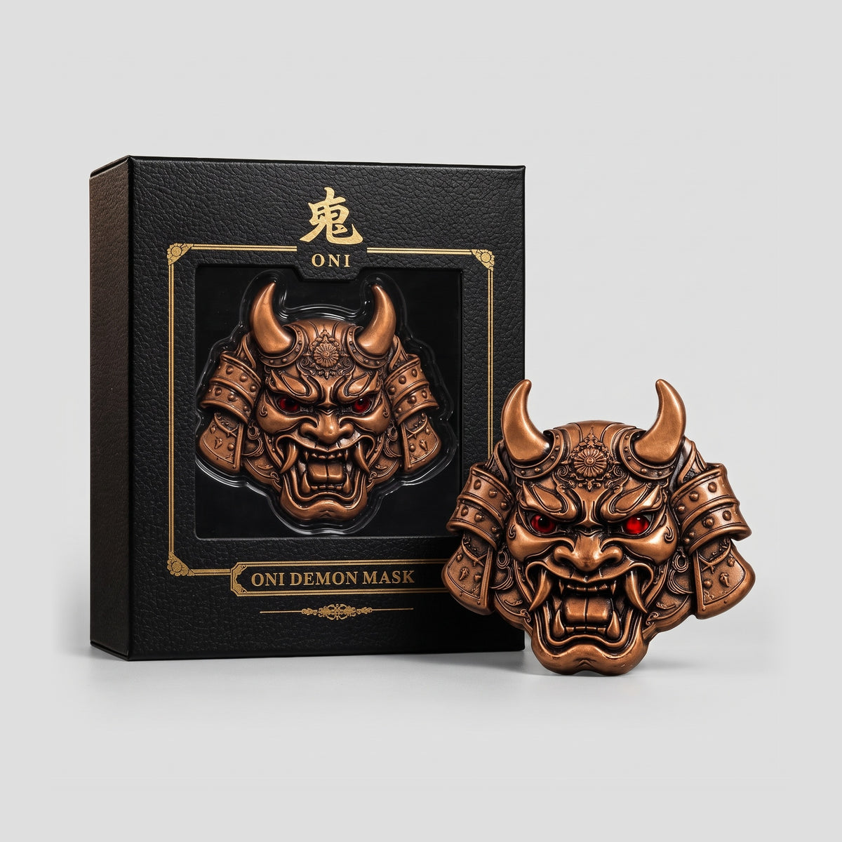 Oni Demon Mask 5 oz Copper – antiqued mask with red crystal eyes and black ONI display box