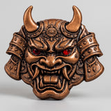 Oni Demon Mask 5 oz Copper – close-up of horns, fangs and crystal eyes
