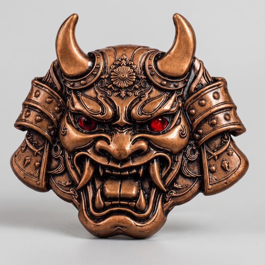 Oni Demon Mask 5 oz Copper – close-up of horns, fangs and crystal eyes