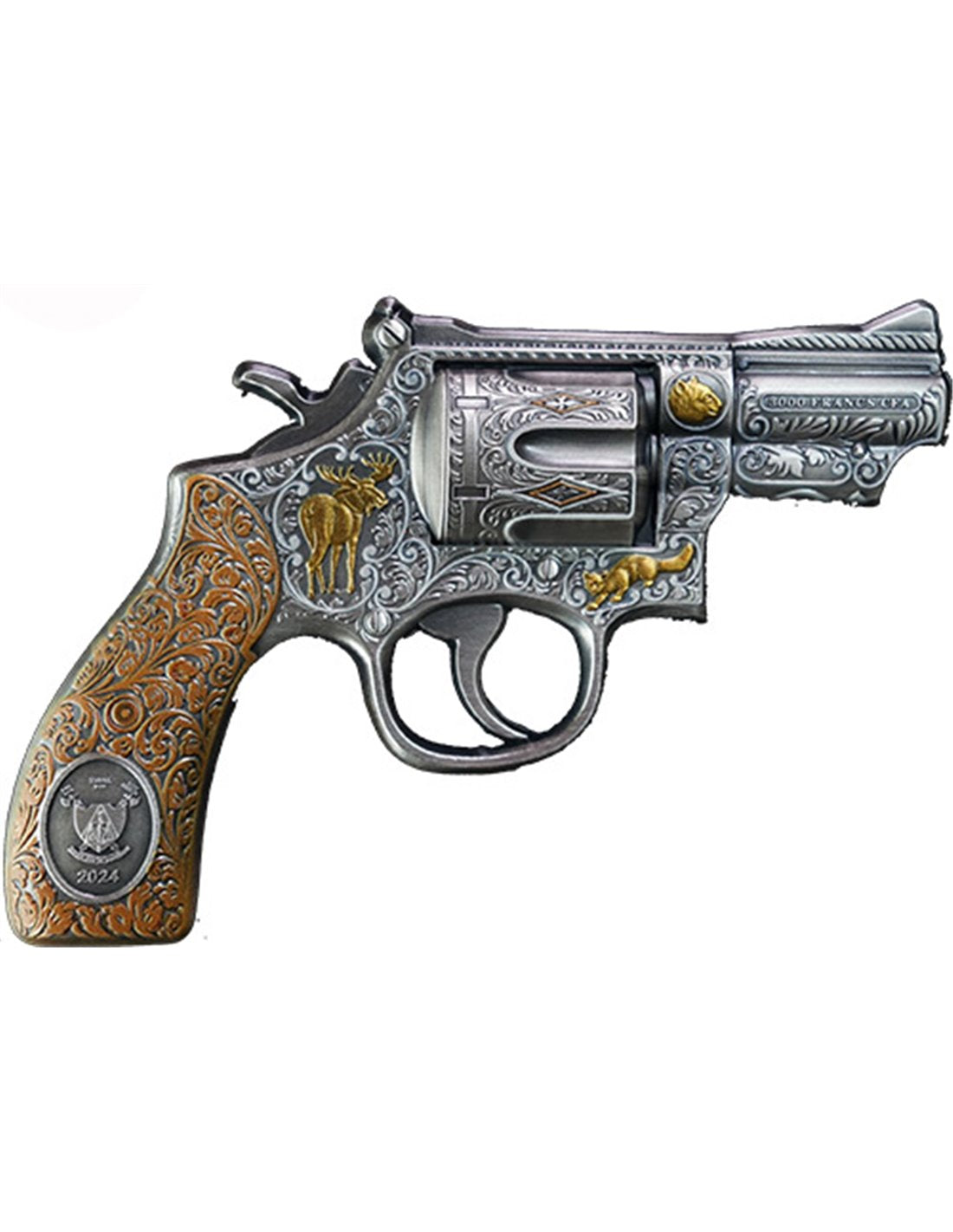 REVOLVER Gun Shaped 2 Oz Silver Coin 10000 Francs Chad 2024