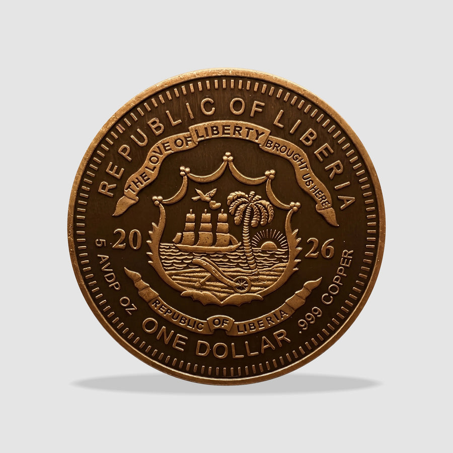 Pirate's Shipwreck 5 oz Copper Coin – Liberia 2026 – reverse with Liberia coat of arms