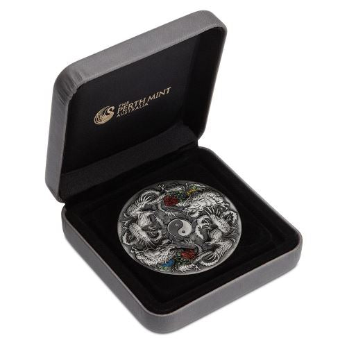 DOUBLE DRAGON AND DRAGON PHOENIX WITH YIN YANG- 2021 2 OZ PURE SILVER ANTIQUED COIN