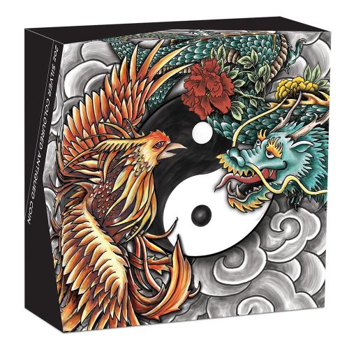 DOUBLE DRAGON AND DRAGON PHOENIX WITH YIN YANG- 2021 2 OZ PURE SILVER ANTIQUED COIN