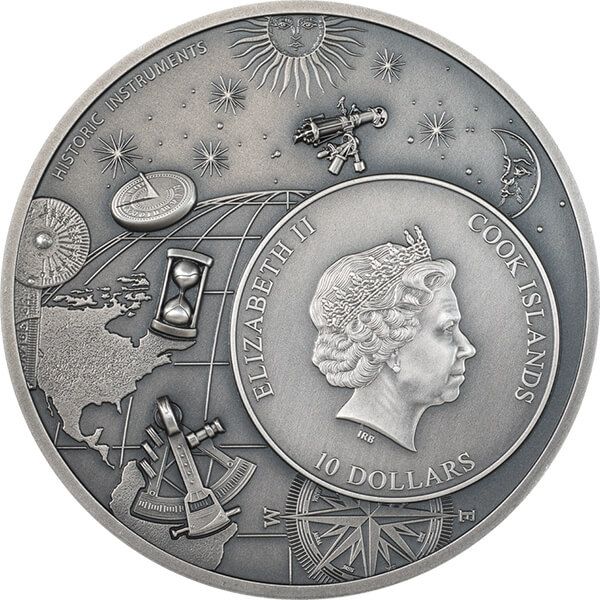 Astrolabe Historic Instruments 2 oz Antique finish Silver Coin 10$ Cook Islands 2023