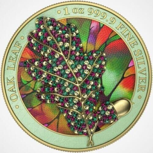 Germania 2019 5 Mark Bejeweled Oak Leaf Green 1 Oz 999 Silver Coin