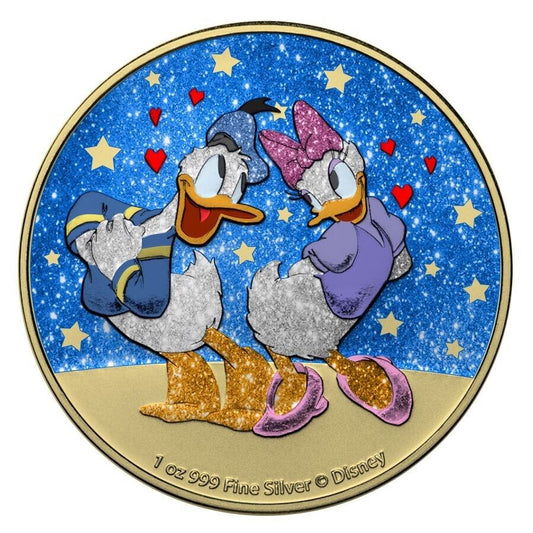2021 $2 Niue Disney Donald and Daisy Duck in Love Blue Glitter 1 Oz Silver Coin