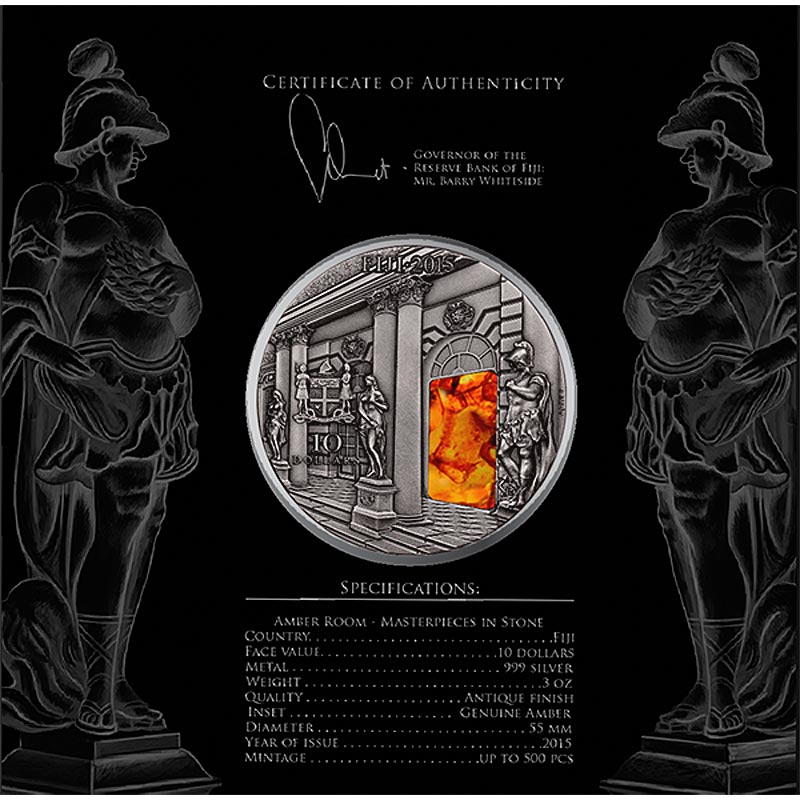 Amber Room Masterpieces in Stone 3 oz Antique finish Silver Coin 10$ Fiji 2015