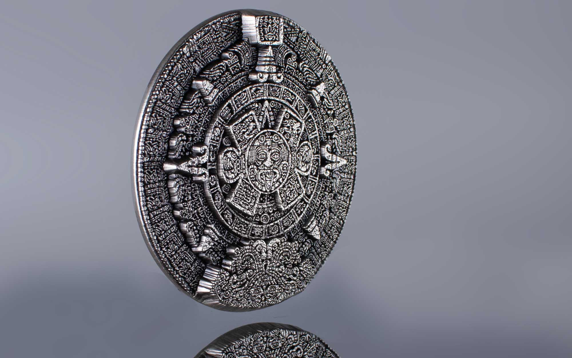 2oz Aztec Sun Stone Silver Stacker – Antique Finish – Coin Display