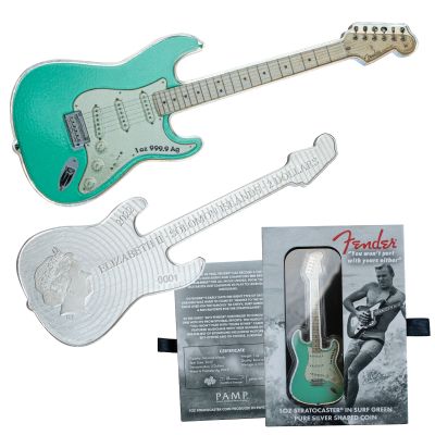 2022 1 OZ SILVER FENDER STRATOCASTER GUITAR SHAPED COIN SURF GREEN