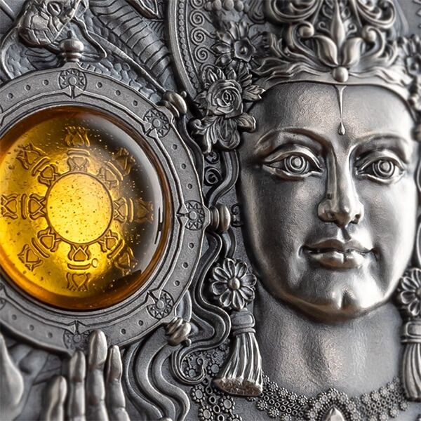 Vishnu Divine Faces of the Sun 3 oz Antique finish Silver Coin 5$ Niue 2023