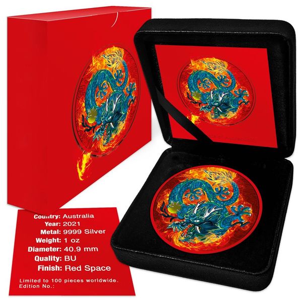 Australia Perth Mint 2021 Myths Legends Dragon SPACE RED COLOR EDITION 1 oz silver coin