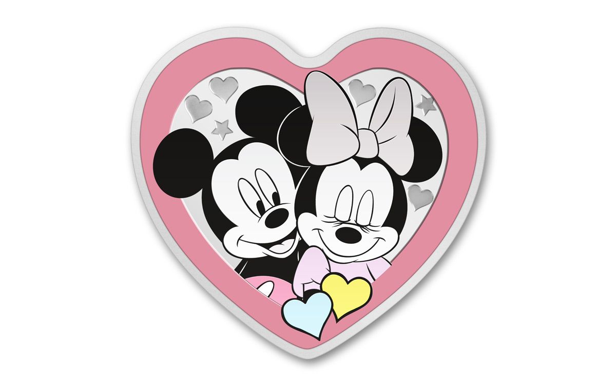 2023 Niue $2 1-oz Silver Disney Love – Mickey & Minnie Colorized Heart-Shaped Proof