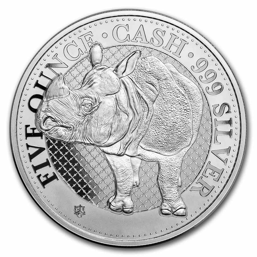 2022 5oz St Helena Cash India Wildlife Rhino .999 Silver Coin