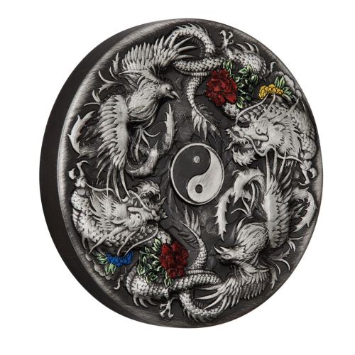 DOUBLE DRAGON AND DRAGON PHOENIX WITH YIN YANG- 2021 2 OZ PURE SILVER ANTIQUED COIN