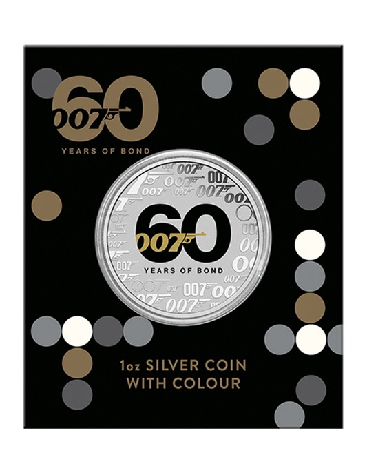 60 YEARS OF BOND 007 Agent Logo 1 Oz Silver Coin 1$ Tuvalu 2022 - in card