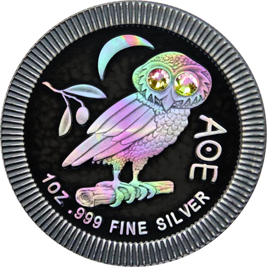 Niue 2020 $2 Athenian Owl - Ruthenium Holo - 1 Oz Silver Coin + Swarovski Crystals