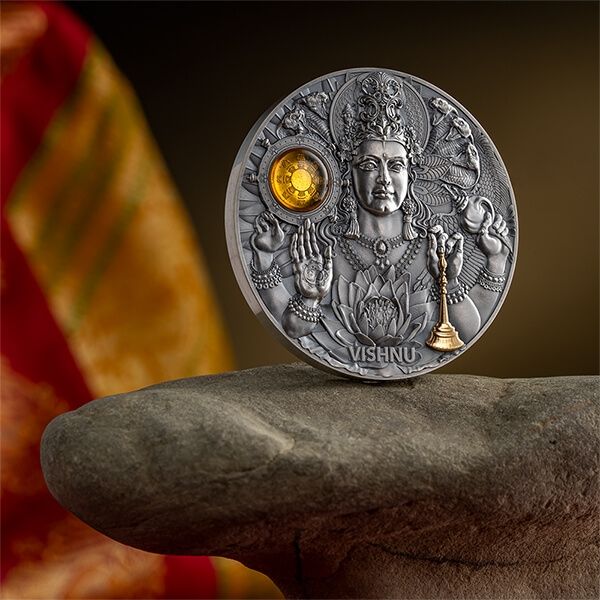 Vishnu Divine Faces of the Sun 3 oz Antique finish Silver Coin 5$ Niue 2023