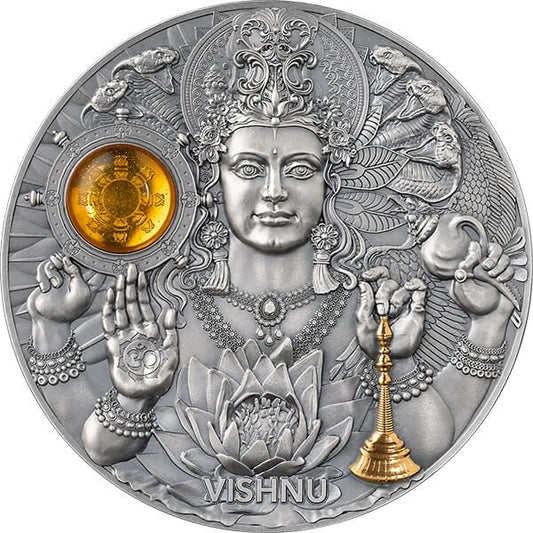 Vishnu Divine Faces of the Sun 3 oz Antique finish Silver Coin 5$ Niue 2023