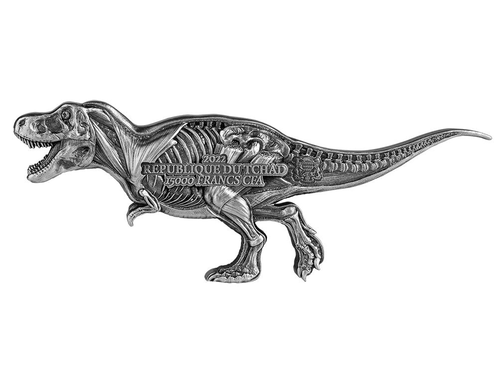 TYRANNOSAURUS DISSECTED T REX Jurassic 3 Oz Silver Coin 15000 Francs Chad 2022