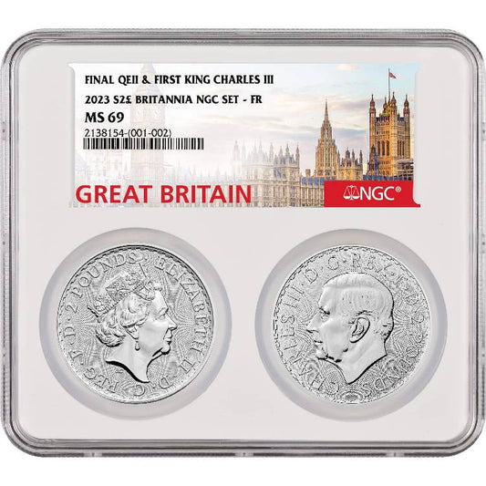 2023 GREAT BRITAIN BRITANNIA FIRST & LAST QUEEN ELIZABETH & KING CHARLES OBVERSE IN DUAL SLAB 1 OZ SILVER COIN NGC MS69