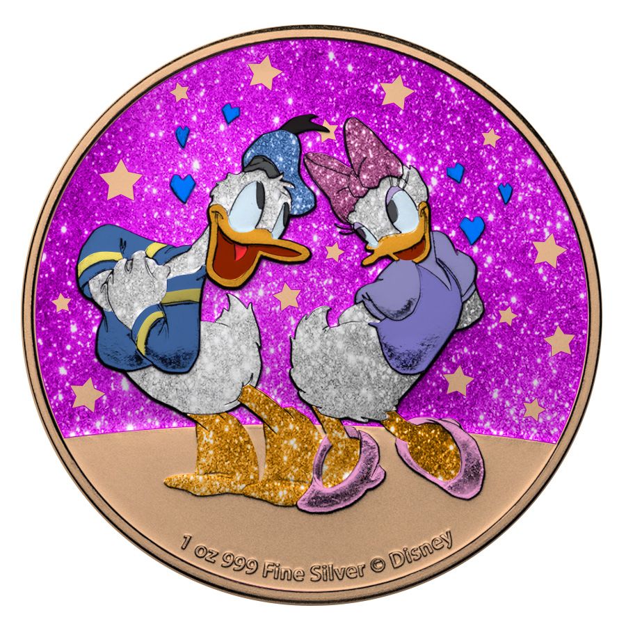 2021 $2 Niue Disney Donald and Daisy Duck in Love Pink Glitter 1 Oz Silver Coin