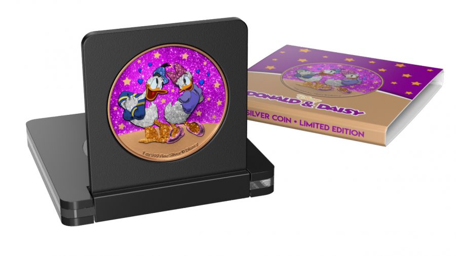 2021 $2 Niue Disney Donald and Daisy Duck in Love Pink Glitter 1 Oz Silver Coin