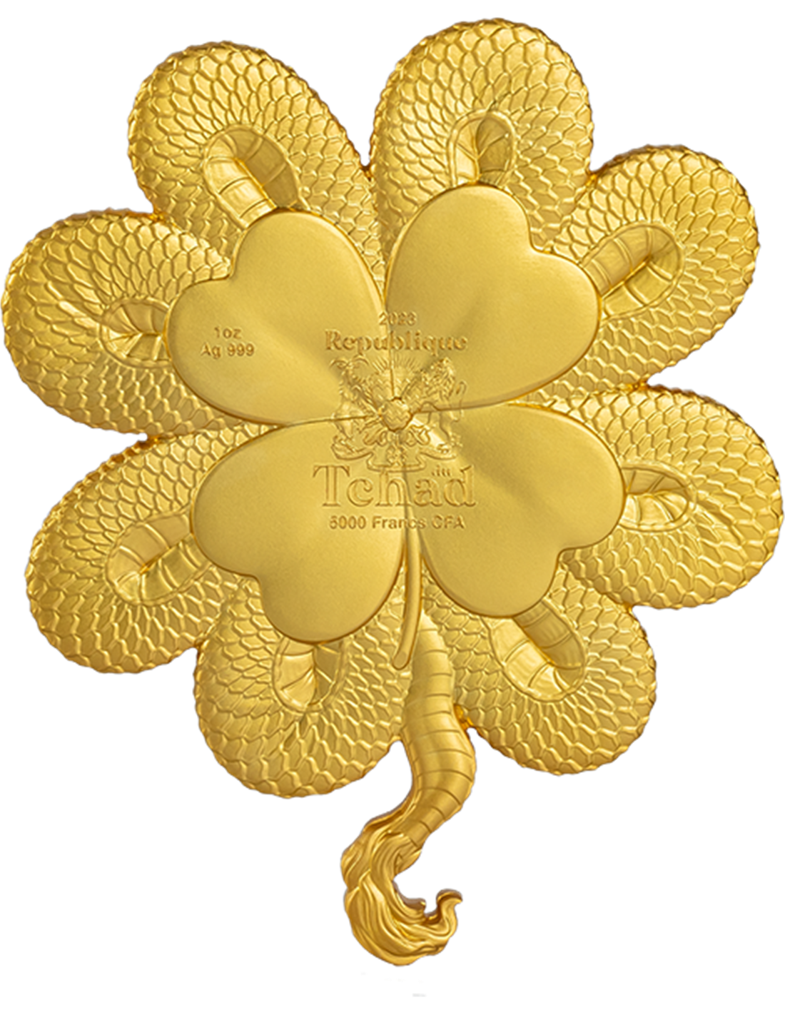 FOUR LEAF CLOVER DRAGON Gilded 1 Oz Silver Coin 5000 Francs Chad 2023