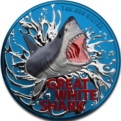 Australia 2021 1$ Great White Shark Space Blue 1 Oz 999 Silver Coin