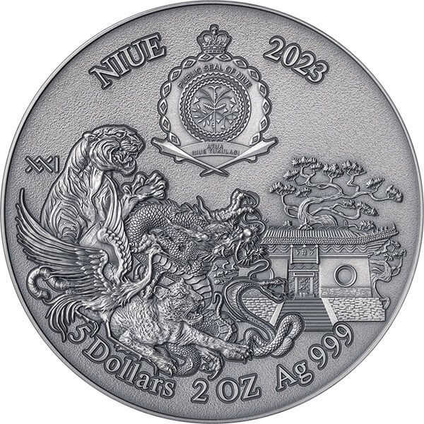 Shaolin Kung Fu Dragon Martial Arts Styles 2 oz Antique finish Silver Coin 5$ Niue 2023