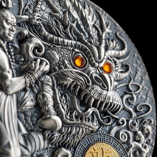 Shaolin Kung Fu Dragon Martial Arts Styles 2 oz Antique finish Silver Coin 5$ Niue 2023