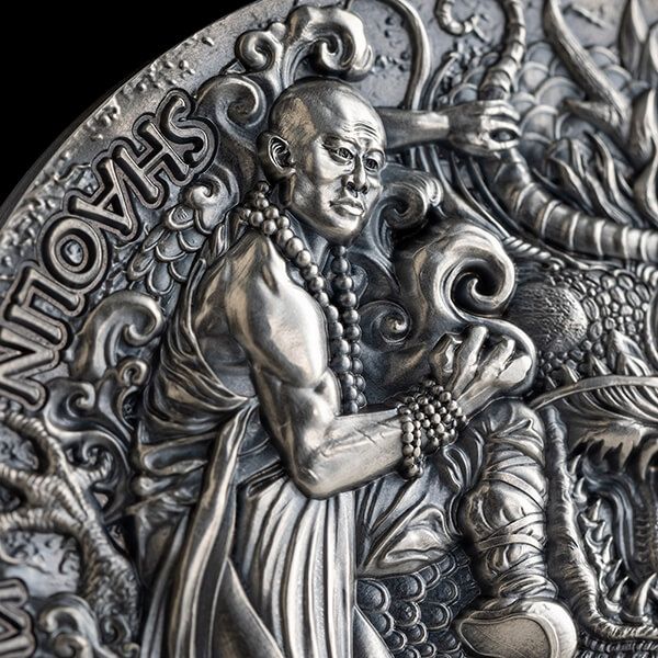 Shaolin Kung Fu Dragon Martial Arts Styles 2 oz Antique finish Silver Coin 5$ Niue 2023