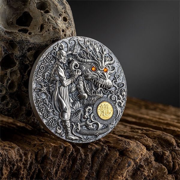 Shaolin Kung Fu Dragon Martial Arts Styles 2 oz Antique finish Silver Coin 5$ Niue 2023