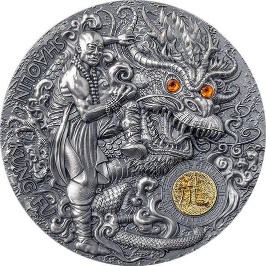 Shaolin Kung Fu Dragon Martial Arts Styles 2 oz Antique finish Silver Coin 5$ Niue 2023