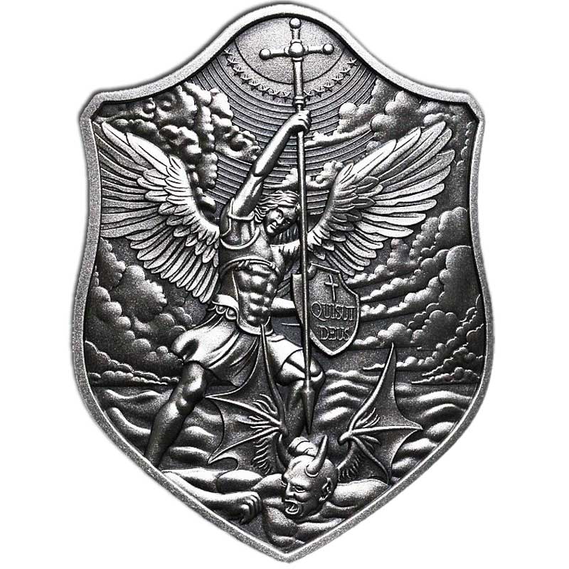 SHIELD OF ST. MICHAEL STACKER – 2021 2 OZ PURE SILVER LIGHT ANTIQUE FINISH BAR WITH CAPSULE – SOUTH KOREA