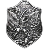 SHIELD OF ST. MICHAEL STACKER – 2021 2 OZ PURE SILVER LIGHT ANTIQUE FINISH BAR WITH CAPSULE – SOUTH KOREA