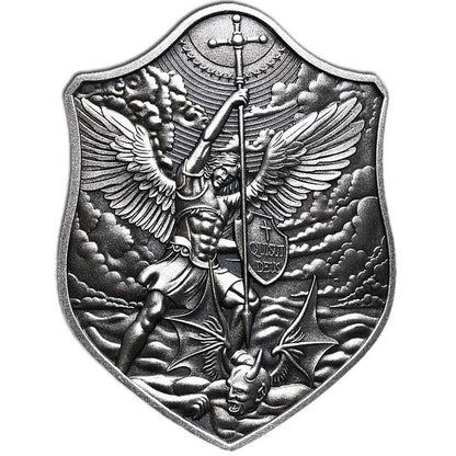 SHIELD OF ST. MICHAEL STACKER – 2021 2 OZ PURE SILVER LIGHT ANTIQUE FINISH BAR WITH CAPSULE – SOUTH KOREA