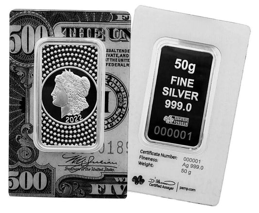 2022 Pamp Suisse MORGAN N $500 BILL 50g Silver Bar In Assay